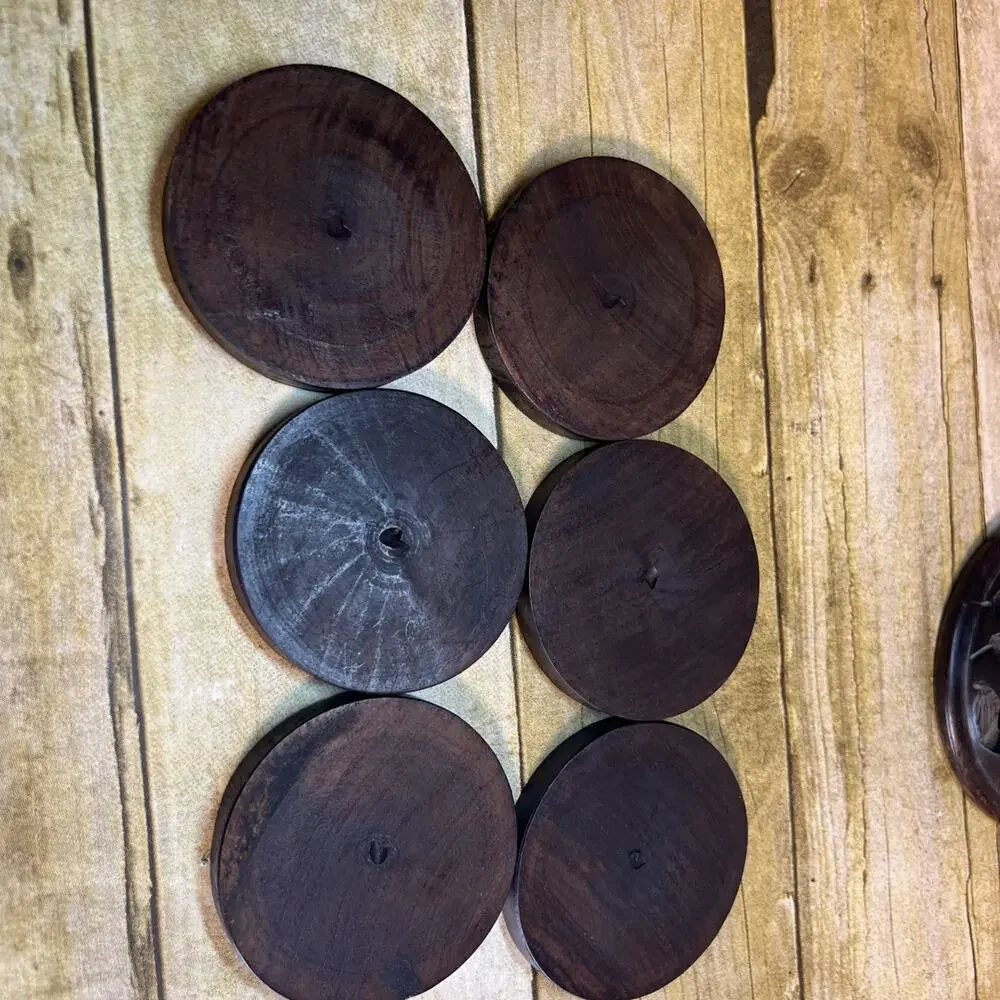 Hand Carved Wooden Africa 6 Coaster Set with Holder & Lid Beautiful Boho 4x5”